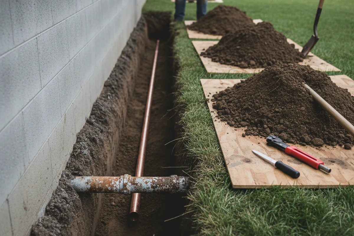 Excavated water line trench during Sewer Line Repair in Alvo
